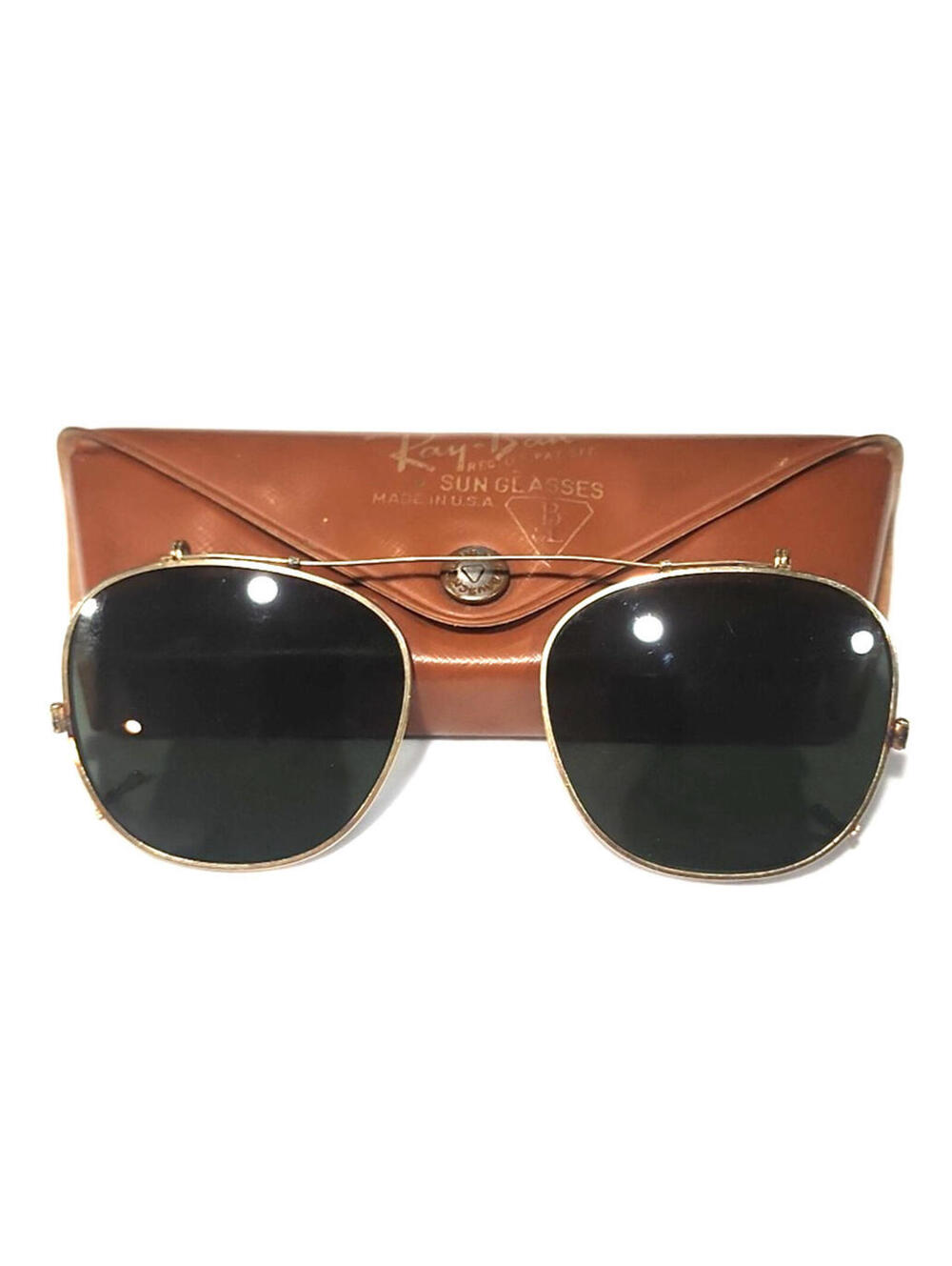Ray Ban B&L Vintage Gold Sunglass Clip On Gray/Green Glass Lenses 48mm W Case